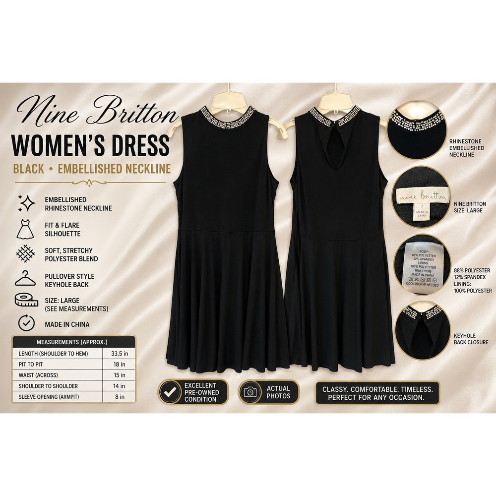 Nine Britton Black Rhinestone Embellished‎ Neck Keyhole Fit Flare Dress Large